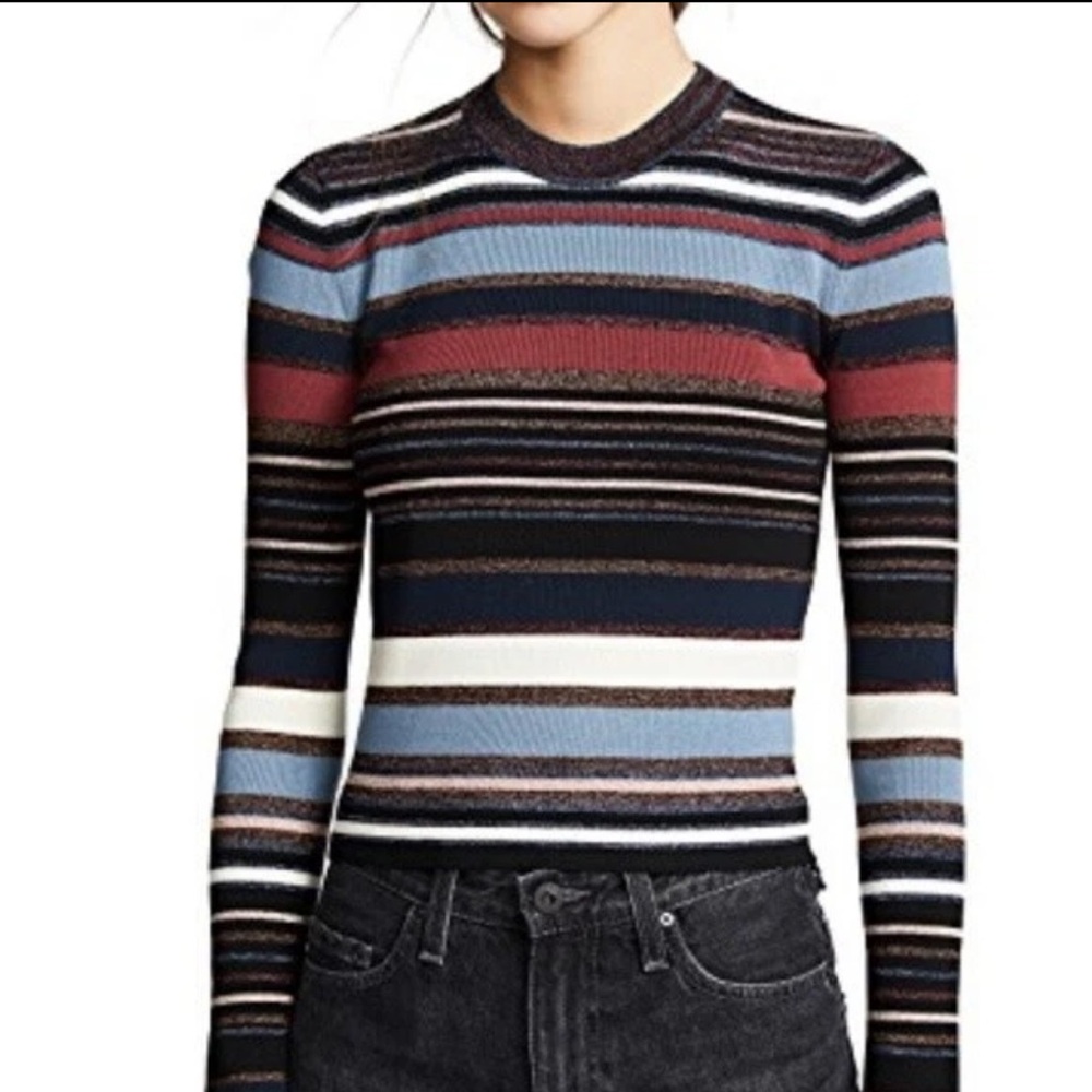 Veronica Beard Striped Crewneck Sweater in Navy, Light Blue, Rust & Cream
